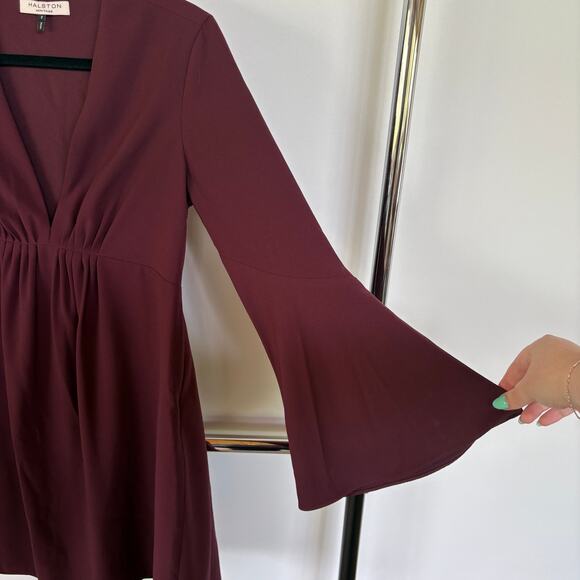 Halston Heritage Wine Red Flare Sleeve V-Neck Babydoll Mini Dress Size 2 - Picture 4 of 9
